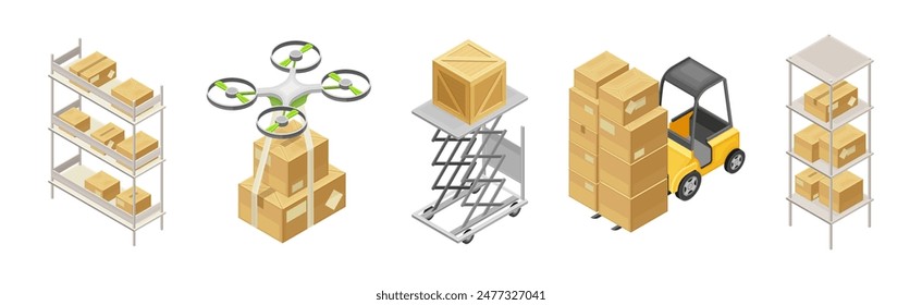 Warehouse and Storehouse with Cardboard Box Isometric Vector Set