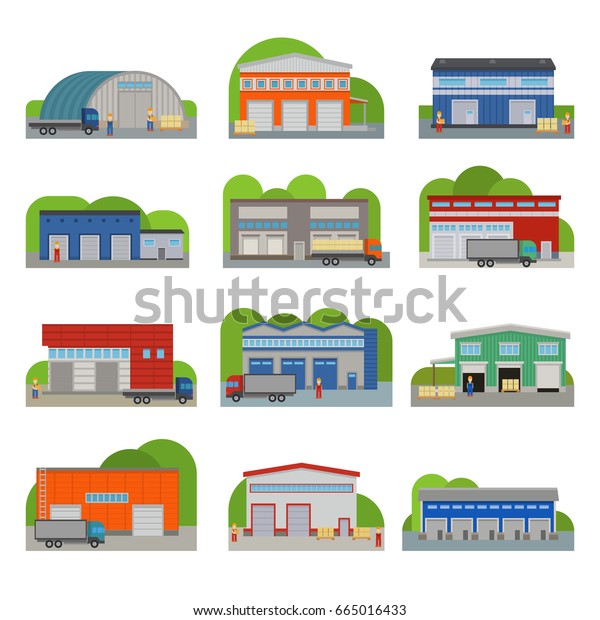 Warehouse\
storehouse depot storage facilities logistic flat style buildings\
vector illustration isolated on\
white