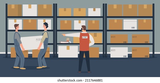 Warehouse or storeroom: storekeepers or loaders holding  cargo near rack with cardboard boxes and boss gives him instructions.Goods in packages, tape dispenser and folders on shelf, staircase.Vector