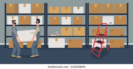 Warehouse or storeroom: storekeepers or loaders in protective masks holding  cargo near rack with cardboard boxes.Goods in packages, tape dispenser and folders on shelf, staircase.Vector illustration