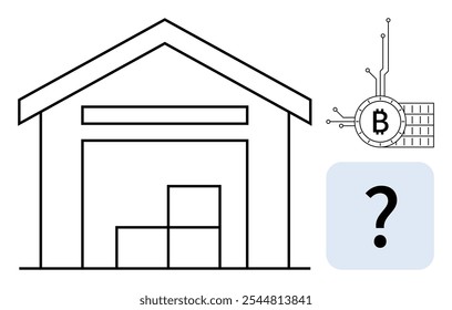 Warehouse structure with stacked boxes alongside a digital Bitcoin symbol and a question mark. Ideal for finance technology security storage cryptocurrency and blockchain