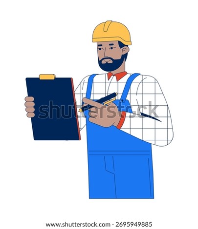 Warehouse supervisor black man with clipboard and pen 2D cartoon character. Bearded african american worker in hardhat inspection flat vector person isolated on white. Spot illustration colorful