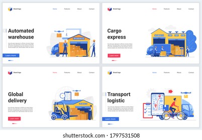 Warehouse technology vector illustrations. Cartoon flat warehousing company website interface design, tech mobile banner set with express automated delivery, packaging and loading, transport logistics