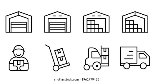 conjunto de iconos de línea delgada de almacén, ilustración de vectores eps.10