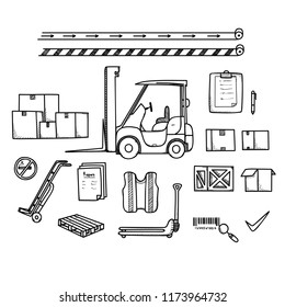 warehouse tools. warehouse and forklift doodle with line style, industrial hand draw vector