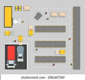 Warehouse Top View Scheme Map and Elements Part Delivery, Storage, Distribution or Shipping Service Business Element Web Design Style . Vector illustration