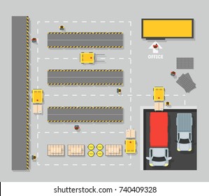 Warehouse Top View Scheme Map Delivery, Storage, Distribution or Shipping Service Business Element Web Design Style . Vector illustration