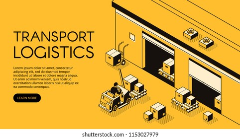 Warehouse transport logistics vector illustration of storehouse worker on loader truck pallet with parcels and boxes for delivery shipping. Isometric black thin line art on yellow halftone background