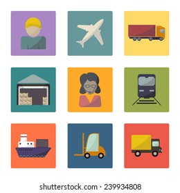 Warehouse transportation and delivery icons flat set. Vector illustration