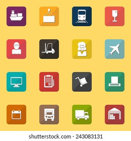 Warehouse transportation and delivery icons flat set. Vector illustration