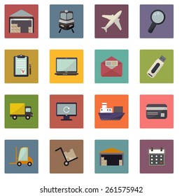 Warehouse transportation and delivery icons flat set. Vector illustration