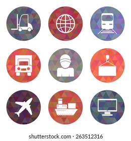 Warehouse transportation and delivery icons flat set on triangle backgrounds. Vector illustration