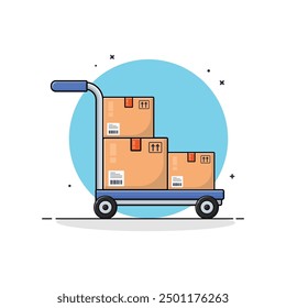 Warehouse Trolley with Cartoon Boxes Vector Illustration. Shipping Concept Design