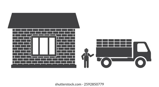 warehouse and truck car with bricks and worker builder person icon