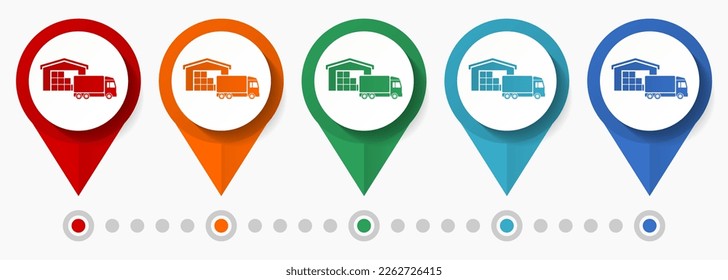 Almacén y camión, conjunto de iconos vectores de concepto de entrega, punteros de logística de diseño plano, plantilla infográfica fácil de editar
