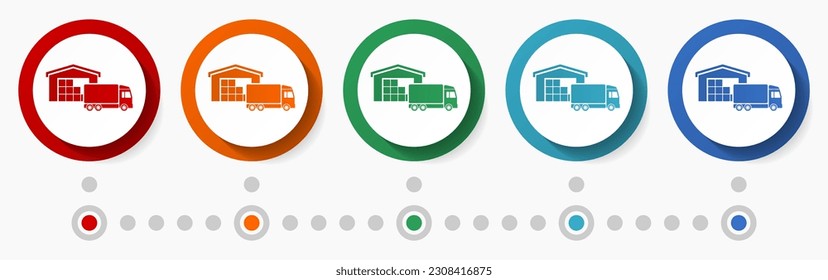 Warehouse and truck, delivery concept vector icon set, infographic template, flat design colorful web buttons in 5 color options