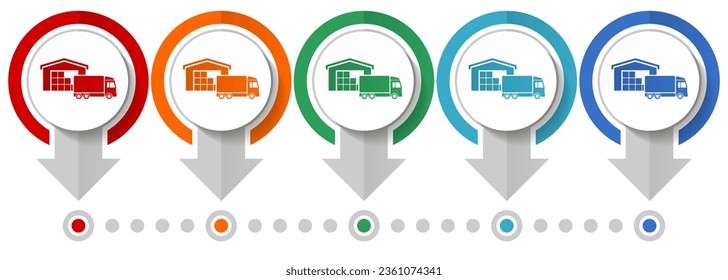 Warehouse and truck, delivery, freight concept vector icon set, flat design infographic template, set pointer concept icons in 5 color options for webdesign and mobile applications