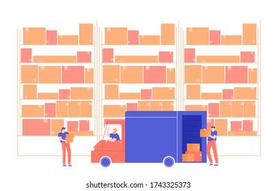 Almacén, camión y transportistas. Estantes con cajas. Entrega y transporte de mercancías. Ilustración plana vectorial.