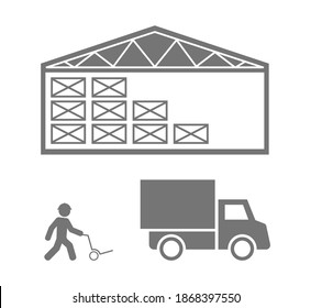 warehouse with truck and worker icon