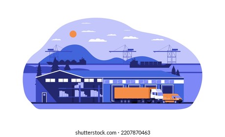 Warehouse with trucks unloading against the backdrop of a port landscape. Vector illustration.