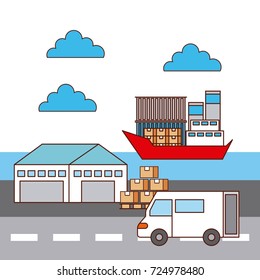warehouse van car and ship logistic transport