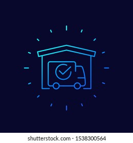 warehouse and van, delivery completed icon, linear