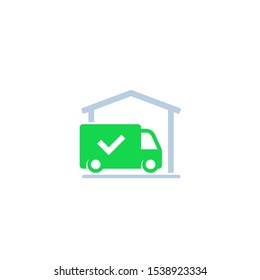 warehouse and van, delivery completed icon