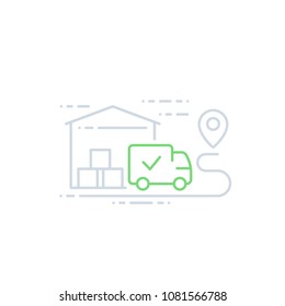 warehouse and van, delivery icon, line art