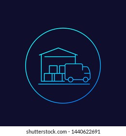 warehouse and van, delivery icon, line design