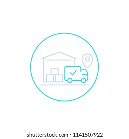 warehouse and van, delivery line icon