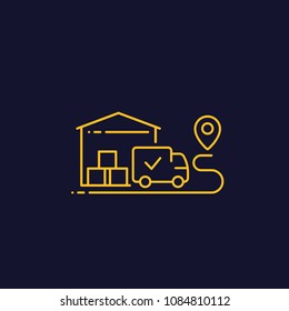 warehouse and van, delivery linear vector icon