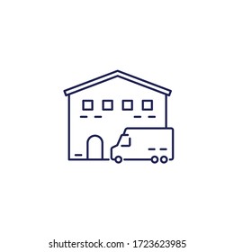 warehouse and van truck line icon, vector