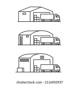 Warehouse, various formats, worldwide shipping out line icons vector.