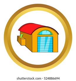 Warehouse vector icon in golden circle, cartoon style isolated on white background