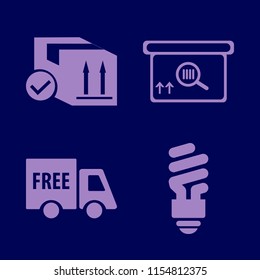 warehouse vector icons set. with parcel box, square barcode box, free delivery and fluorescent bulb in set