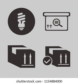 warehouse vector icons set. with square barcode box, fluorescent bulb and parcel box in set
