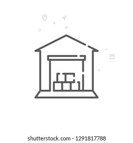 Warehouse Vector Line Icon. Storehouse and Logistics Symbol, Pictogram, Sign. Light Abstract Geometric Background. Editable Stroke. Adjust Line Weight. Design with Pixel Perfection.