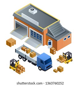 Warehouse vehicle forklift concept background. Isometric illustration of warehouse vehicle forklift vector concept background for web design