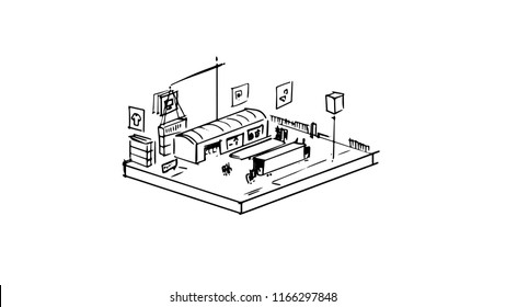 warehouse where the container is loaded by a crane on a trailer, illustration of a vector sketch from a cartoon storyboard project