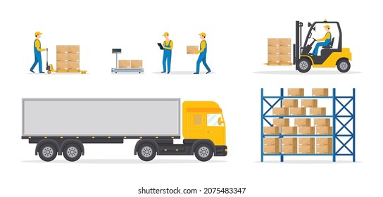 Warehouse Of Wholesale. Logistic, Fulfilment Order For Distribution. Loader, Cargo Truck, Forklift With Driver, Worker With Cart, Boxes On Rack. Flat Illustration For Logistic, Delivery Center. Vector