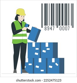 Warehouse woman. Woman with data collection terminal. Girl scans barcode on boxes. Warehouse woman during work. Warehouse worker preparing parcels for delivery. Girl in yellow vest and helmet