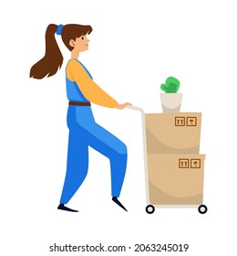 Warehouse woman worker in blue uniform deliver packaged cardboard boxes on the wheeled trolley. Female courier shipping boxes and a green cactus cartoon vector illustration.