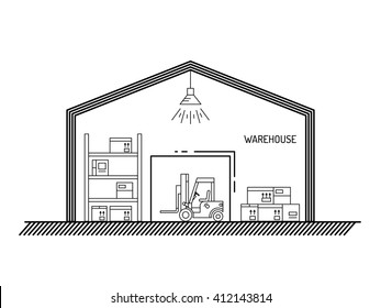 The warehouse work with loading and unloading of cargo. Warehouse complex style linear, outline. Forklift works in a warehouse. Warehouse exterior. Warehouse interior, lift truck. Warehouse outline