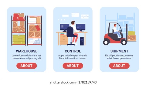 Warehouse work vector illustration banner set. Cartoon flat mobile app for warehousing company website, screen interface design with storage, control of loading and delivery distribution processes
