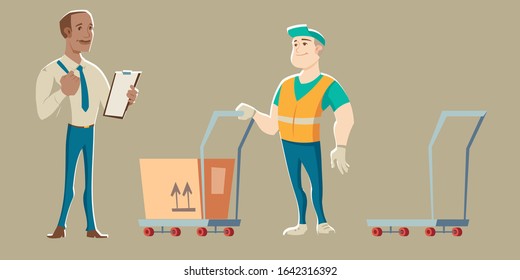 Warehouse worker accepts delivery from courier with cardboard package box on push cart. Vector cartoon illustration of cargo distribution in storage, supply goods and parcel