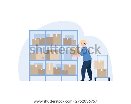 A warehouse worker arranges boxes on shelves while using a cart for efficient storage management