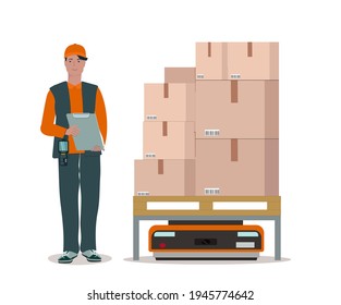 Trabajador de almacén con escáner de código de barras, operación de almacén automatizada con un robot.  Pallet de producto con cajas.   Ilustración vectorial plana sobre un fondo blanco.