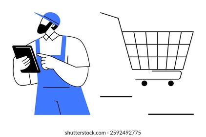 A warehouse worker in a blue uniform checks a clipboard next to a large shopping cart icon. Ideal for e-commerce logistics, inventory management, retail industry, online shopping, delivery services