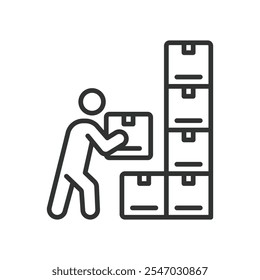 Warehouse worker with boxes, icon in line design. Warehouse, worker, boxes, packaging, logistics, storage, loading on white background vector. Warehouse worker with boxes editable stroke icon