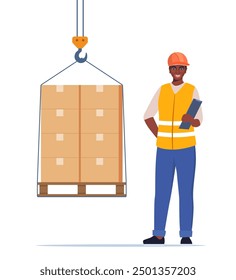 Warehouse worker. Boxes on a pallet are lifted with a crane hook. Warehouse female worker in hard hat manages the loading process. Vector illustration